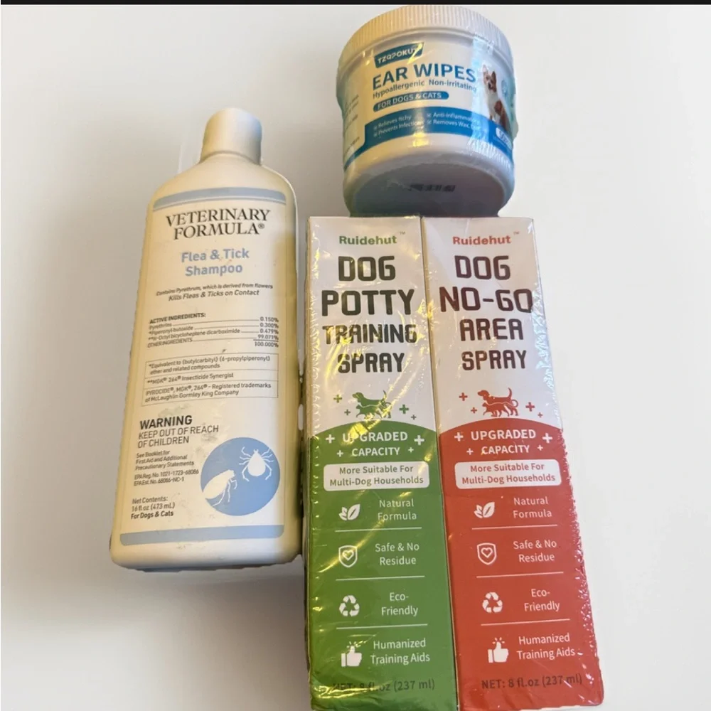 Dog Care Product Set with Flea Shampoo , Training Sprays and 50 Ear Wipes NEW